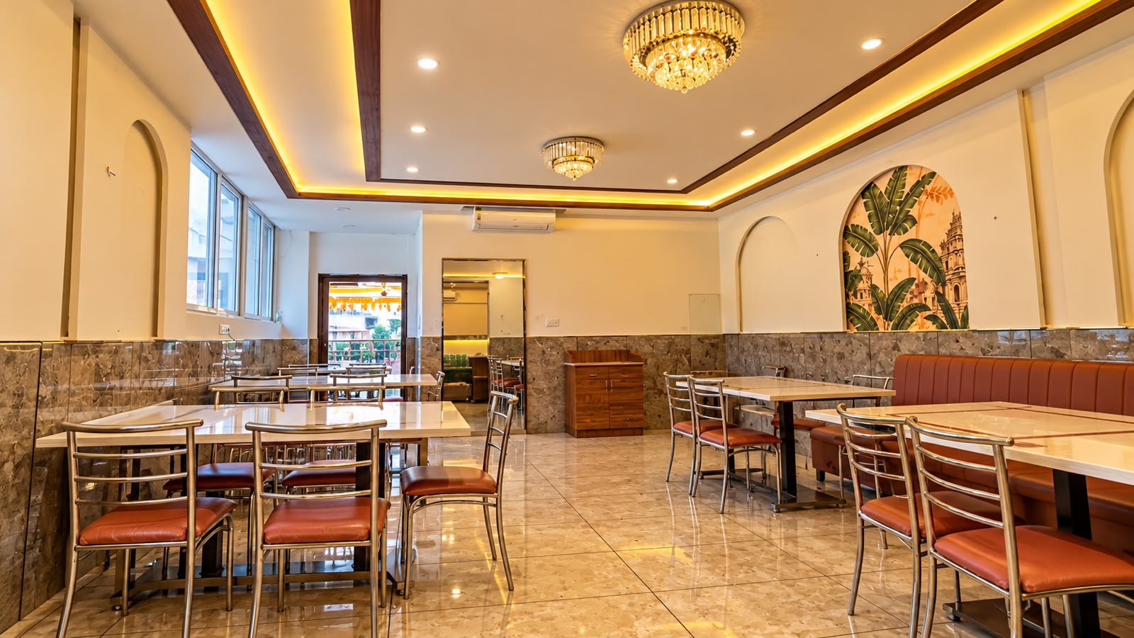 Restaurant dining area with tables and seating