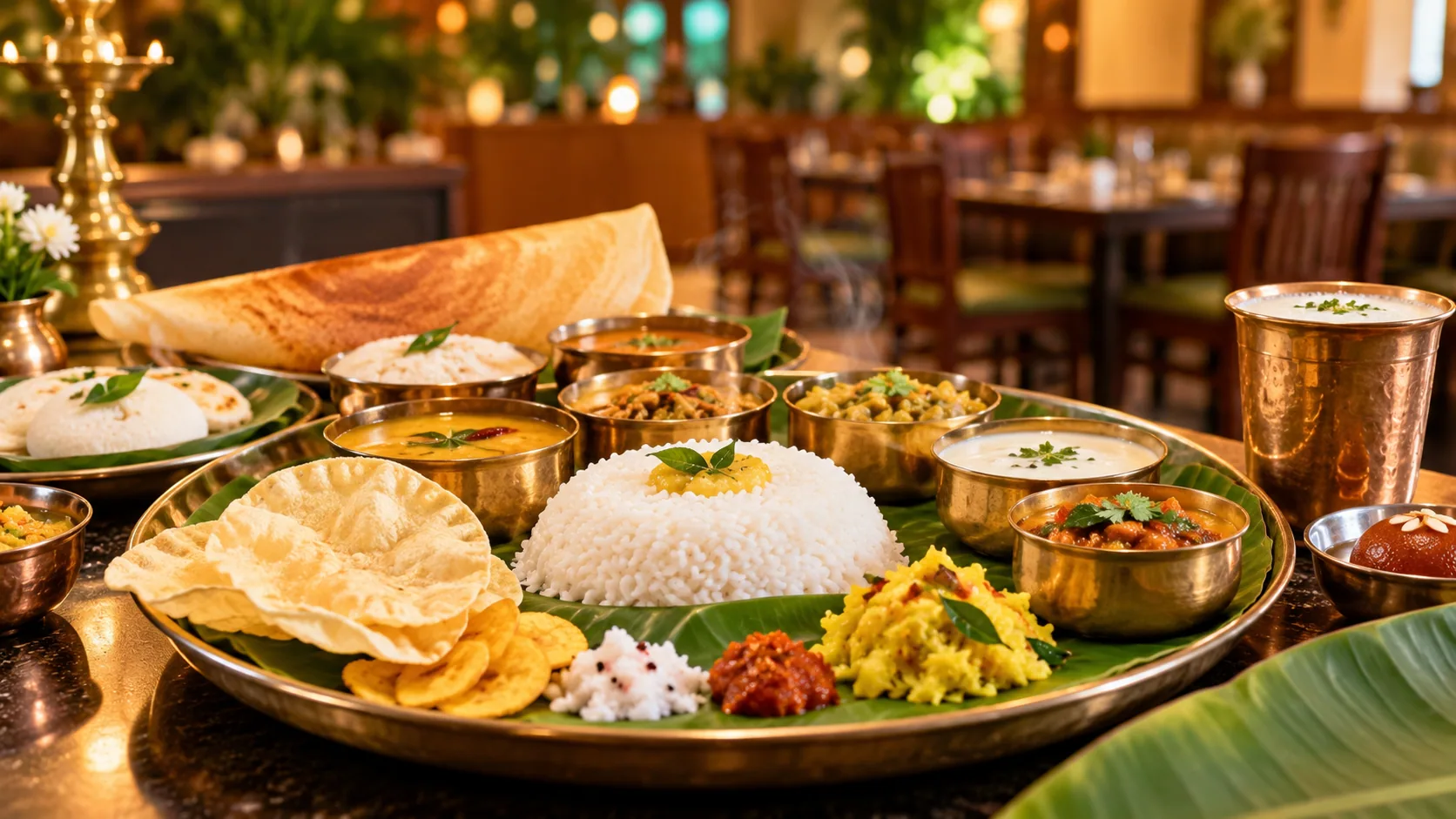 South Indian vegetarian dishes served on a banana leaf