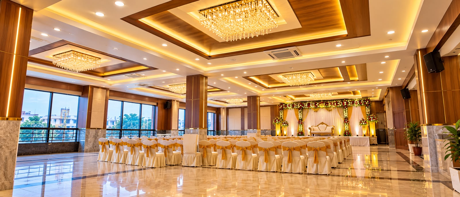 Brundavana Party Hall main interior with stage and banquet seating