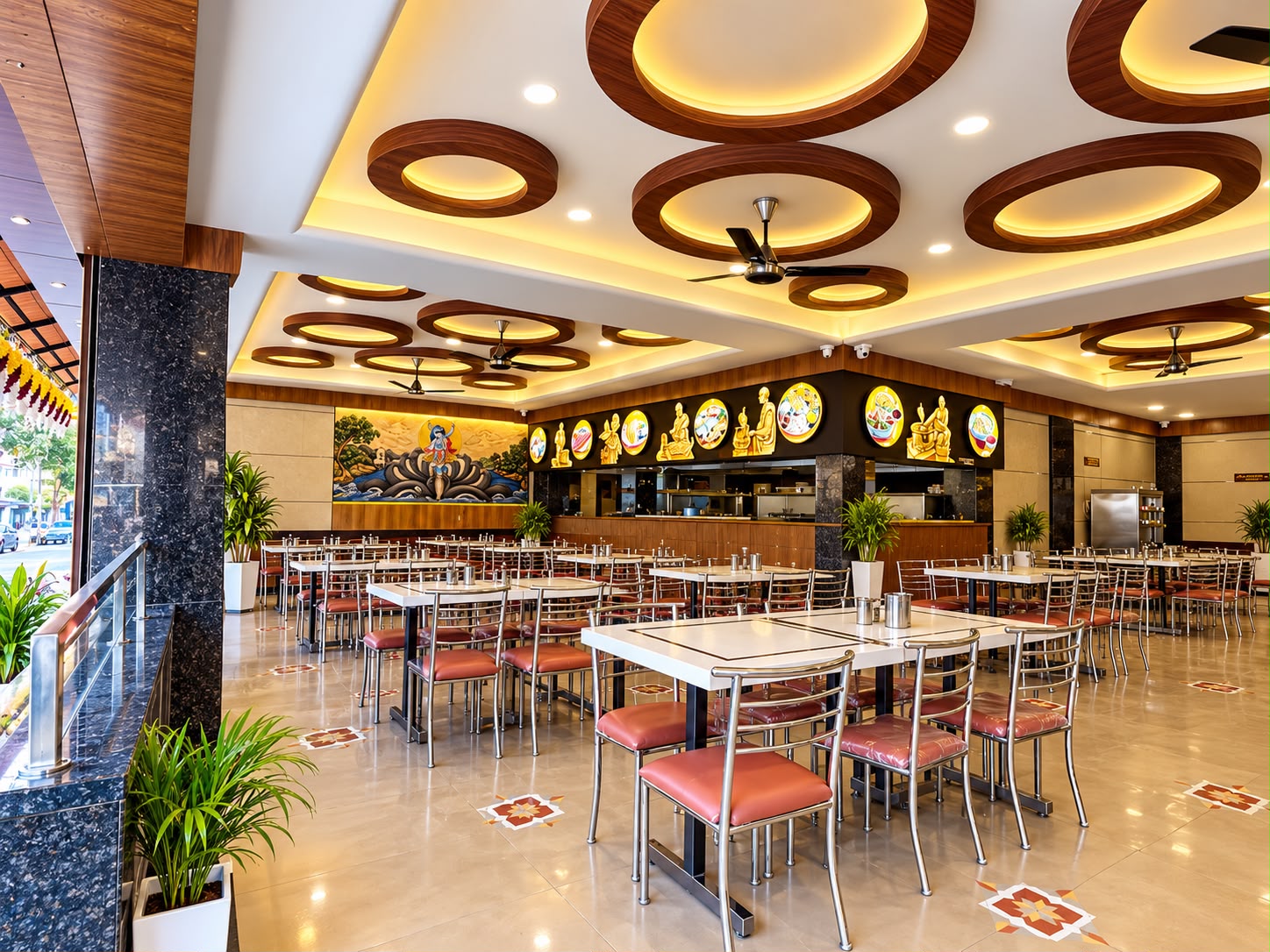 Restaurant interior with spacious dining tables and warm lighting